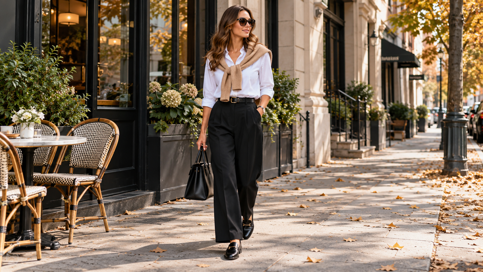 White Button-Down with Black Relaxed Trousers Shoulder Sweater and Loafers